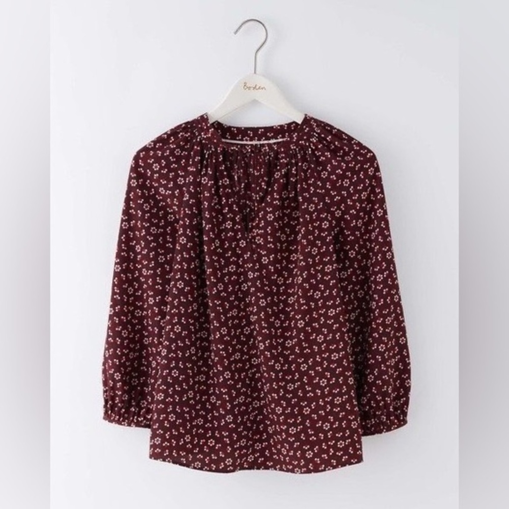 Boden Polly Long Sleeve Burgundy Floral Peasant Blouse Size 8 Regular